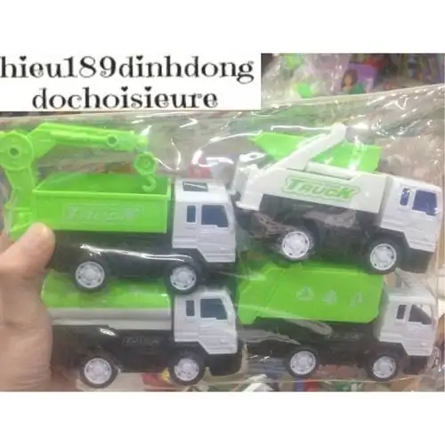 Set 4 xe công trình, xe rác bánh đà, màu sắc đẹp ảnh thật